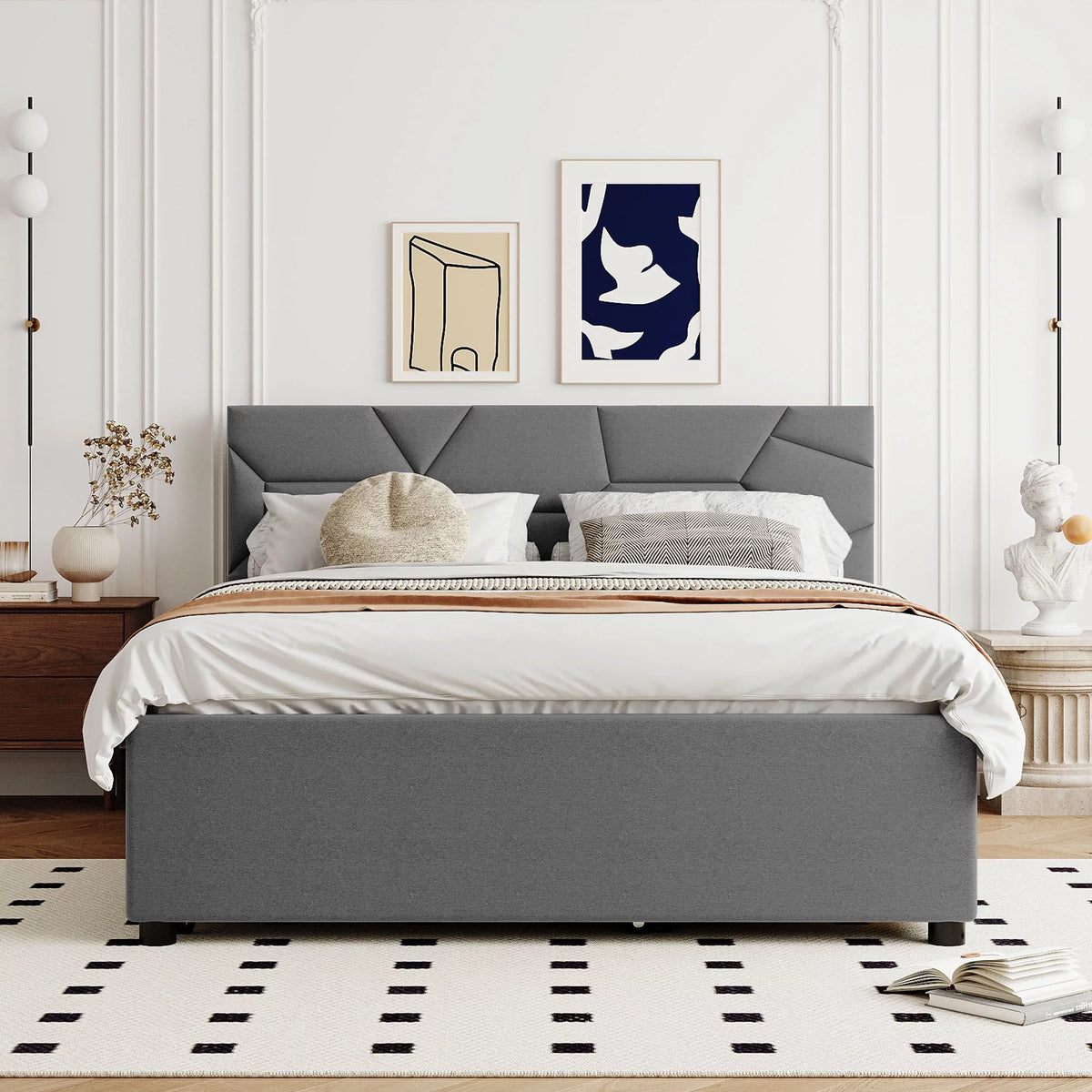 Queen Size Upholstered Platform Bed with Trundle and 2 Drawers V57493