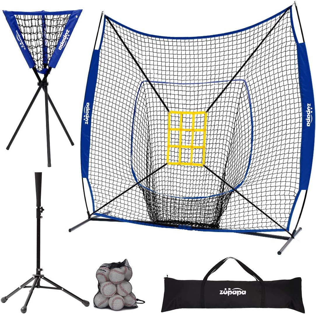 7 X 7 Feet Baseball Softball Practice Net Set with Tee Caddy 12 Pack Baseballs Q934008