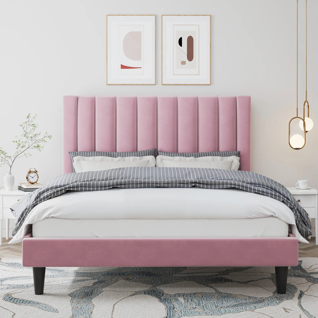 Queen Size Velvet Upholstered Platform Bed Frame W909