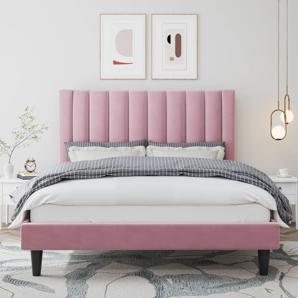 Queen Size Velvet Upholstered Platform Bed Frame W909