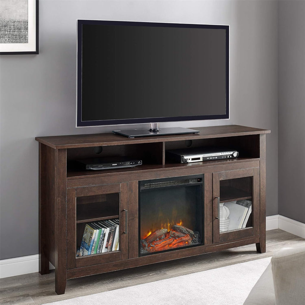Black 58 Inch Wood and Glass Fireplace TV Stand P445