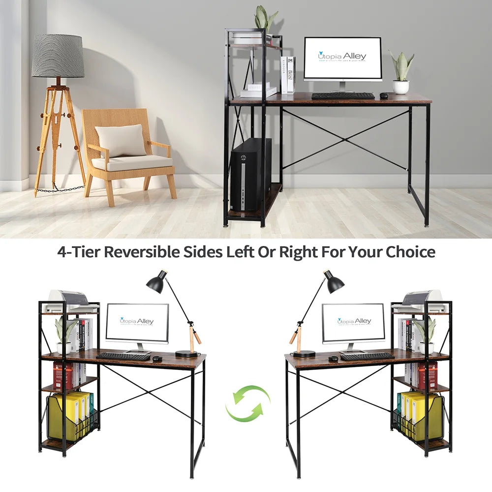 Black 47-inch Metal Computer Desk with 4-Tier Storage Shelves T175