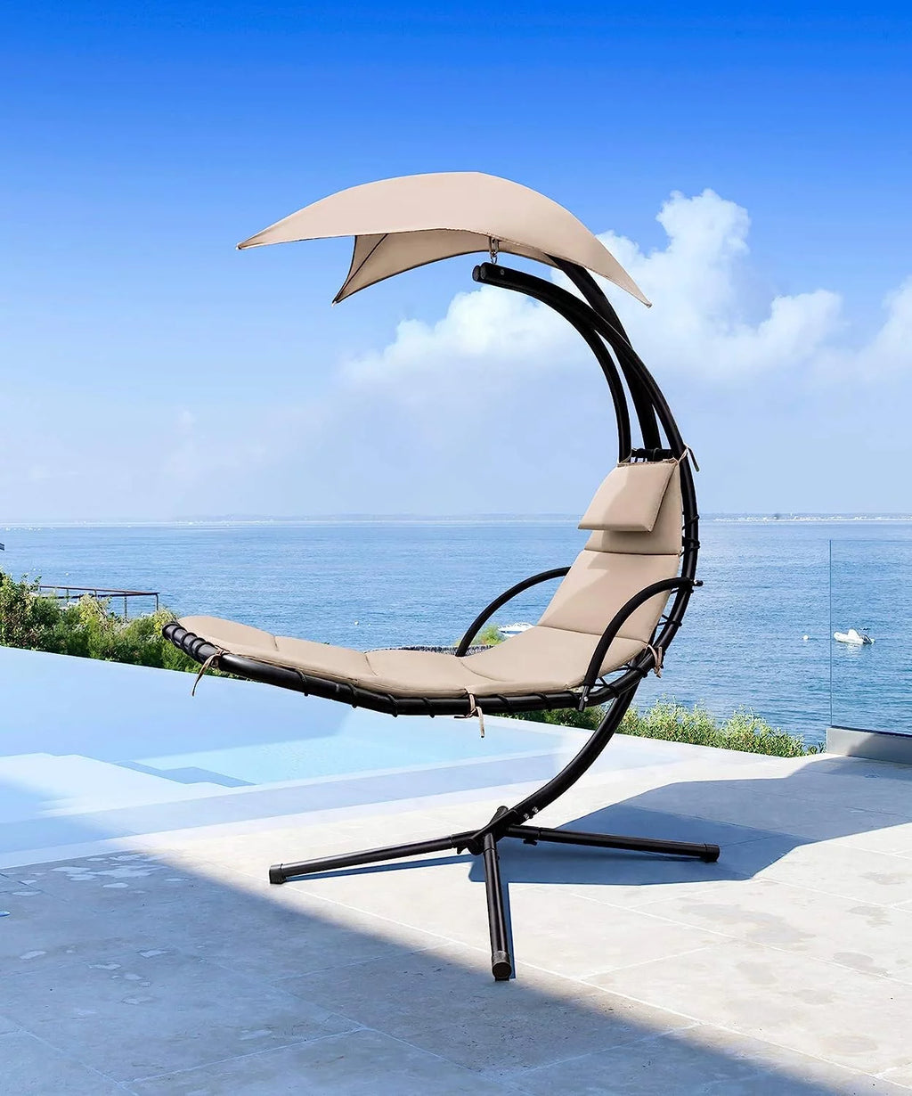 Hanging Curved Chaise Lounge Chair with Pillow, Canopy & Stand Z465