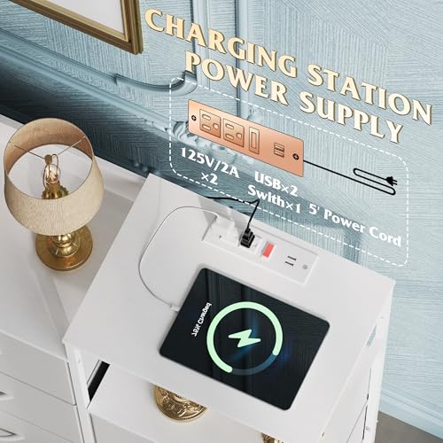 White 8 Drawer Fabric Dresser with Charging Station R526