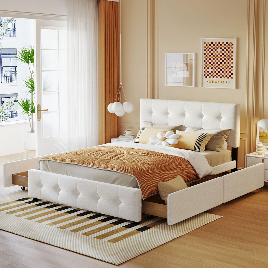 Queen Size Platform Bed with 4 Drawers White F312