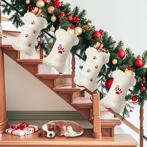 18'' Knit White Paw-Print Dog Christmas Stocking O384991