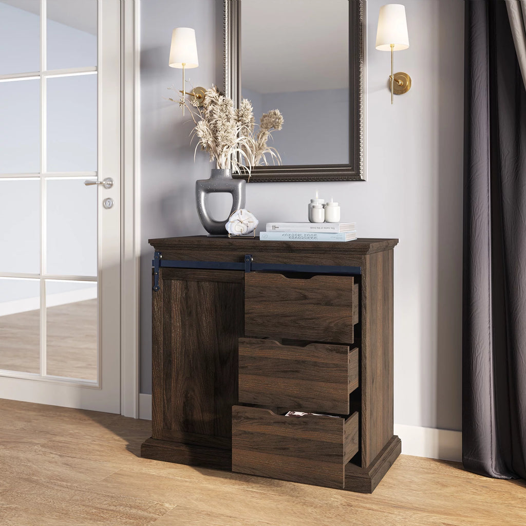 Modern Farmhouse Buffet Table with Sliding Barn Door, Three Drawers & Two Shelves T8495