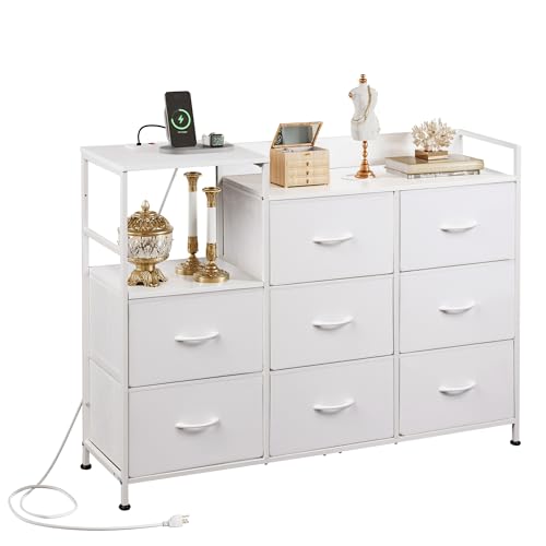 White 8 Drawer Fabric Dresser with Charging Station R526