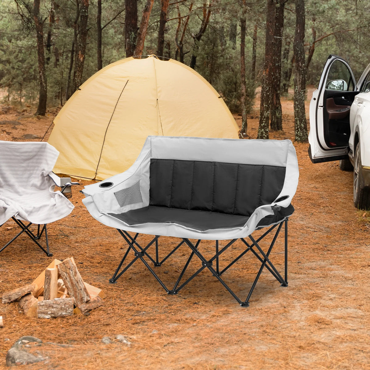 Portable 2 Person Folding Camping Sofa Chair with Carry Bag, Black K66967