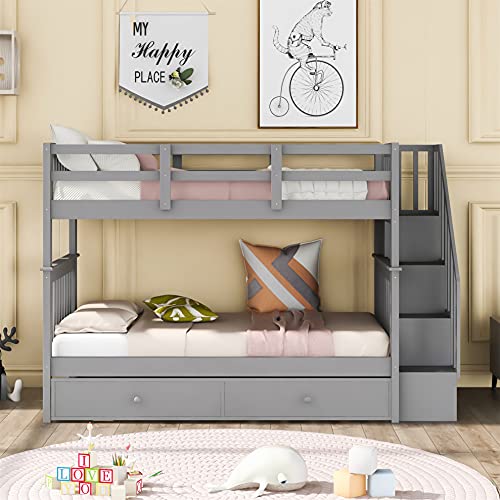 White Twin Over Twin Solid Wood Bunk Bed with Stairs and Trundle F341