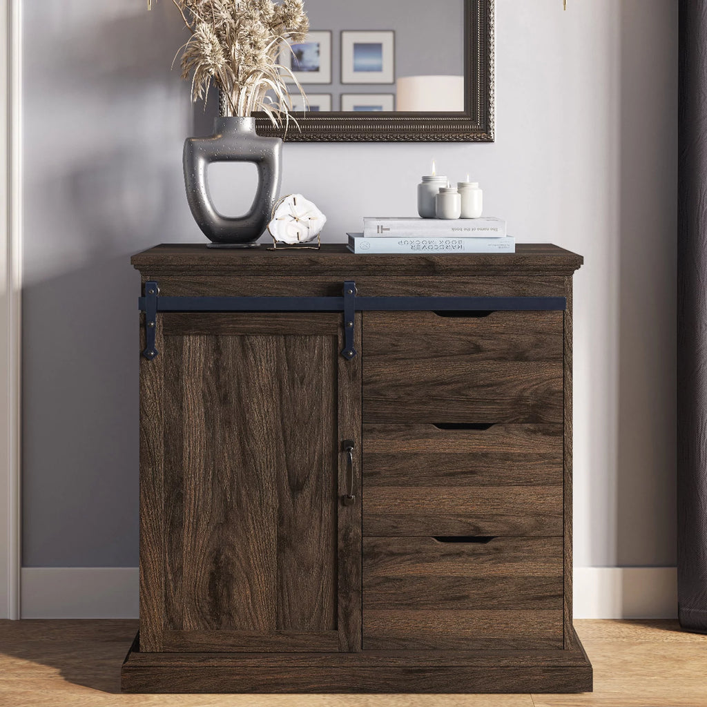 Modern Farmhouse Buffet Table with Sliding Barn Door, Three Drawers & Two Shelves T8495