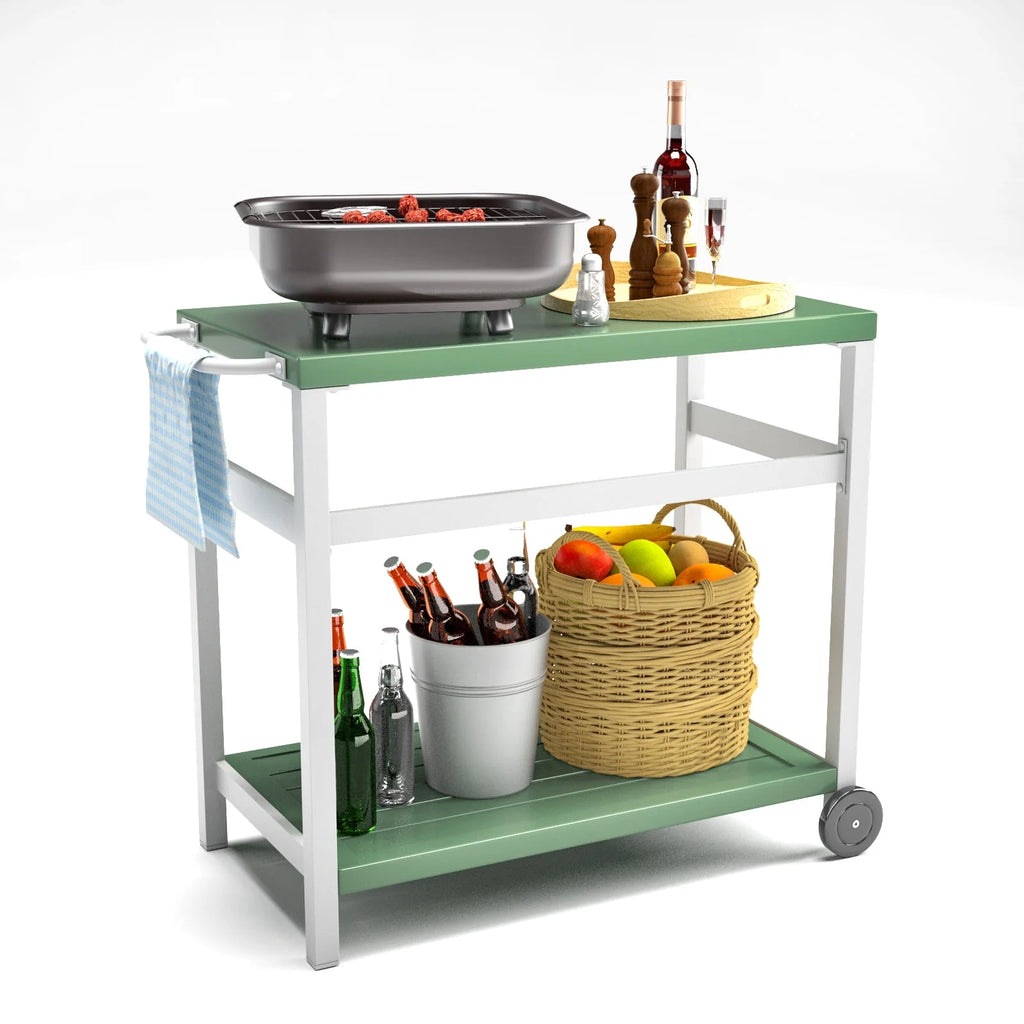 Outdoor Dining Cart Table Aluminum Grill Table with Wheels O8285