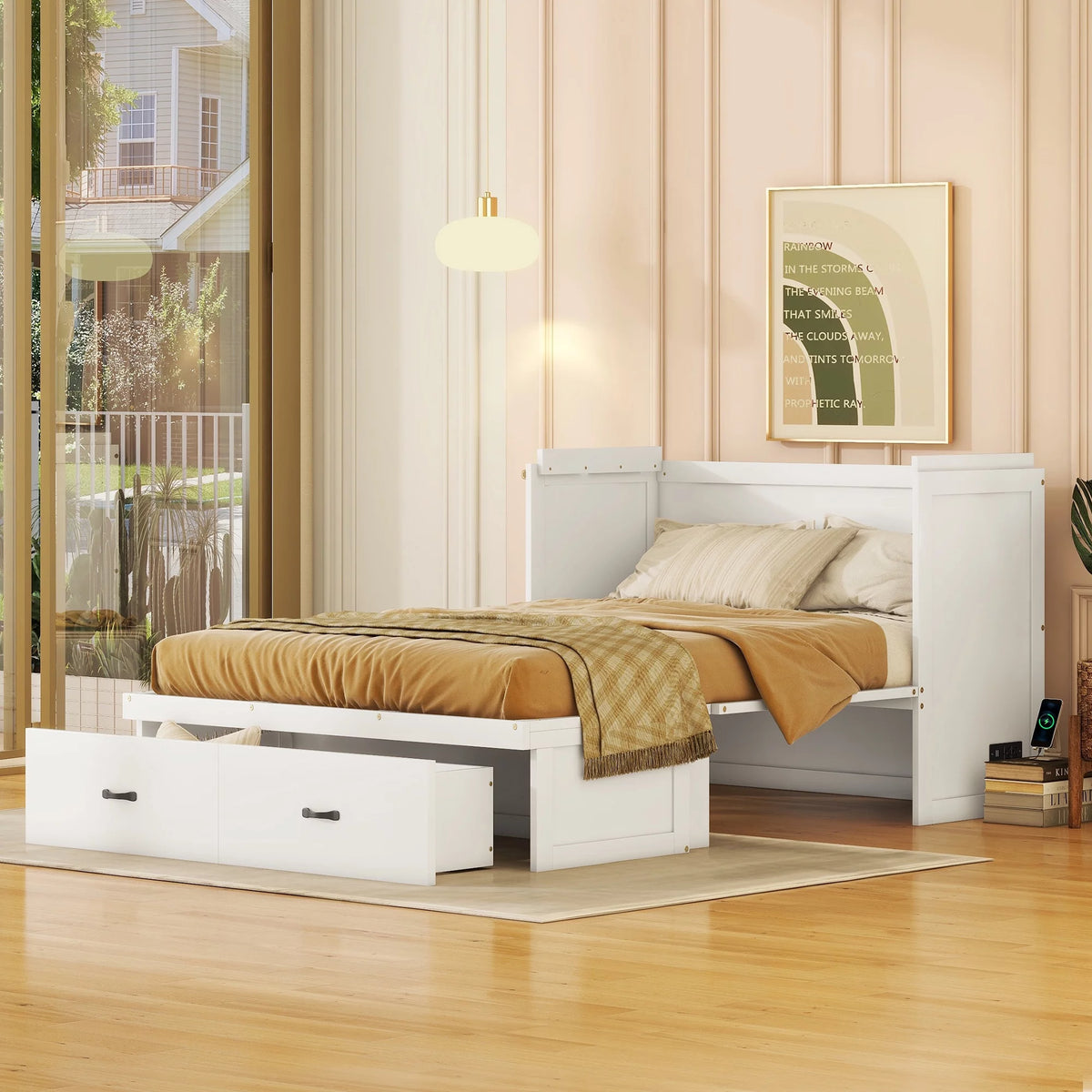White Full Wood Platform Bed with USB Port and Drawer U886044