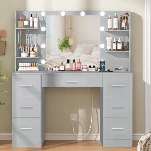 Large White Vanity Desk with Lighted Mirror and Power Outlet M306014