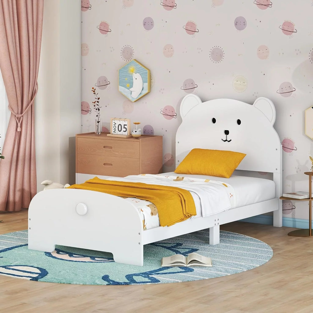 White Wood Platform Bed Frame with Bear-Shaped Headboard and Footboard E517