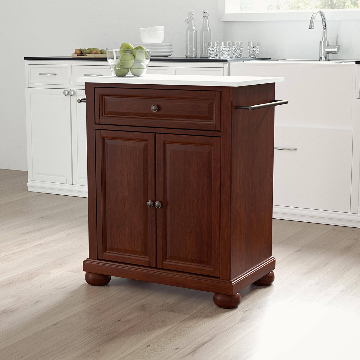 Portable Kitchen Island Cart Mahogany White Granite Top H257