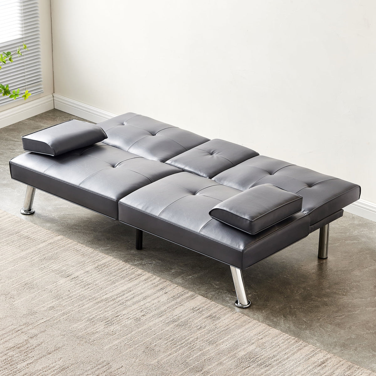 Gray Faux Leather Convertible Sofa Bed R4355