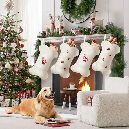 18'' Knit White Paw-Print Dog Christmas Stocking O384991