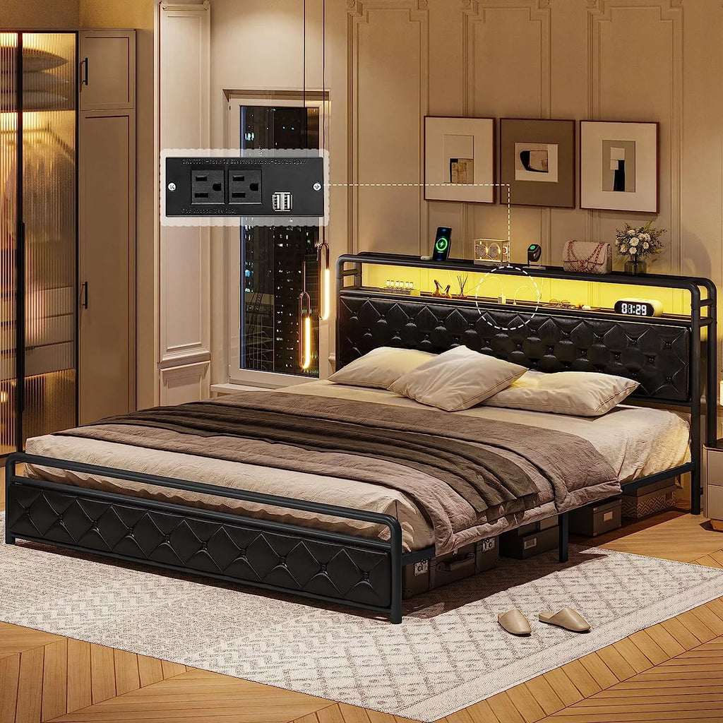 King Size Faux Leather Upholstered Platform Bed with LED Headboard T54660