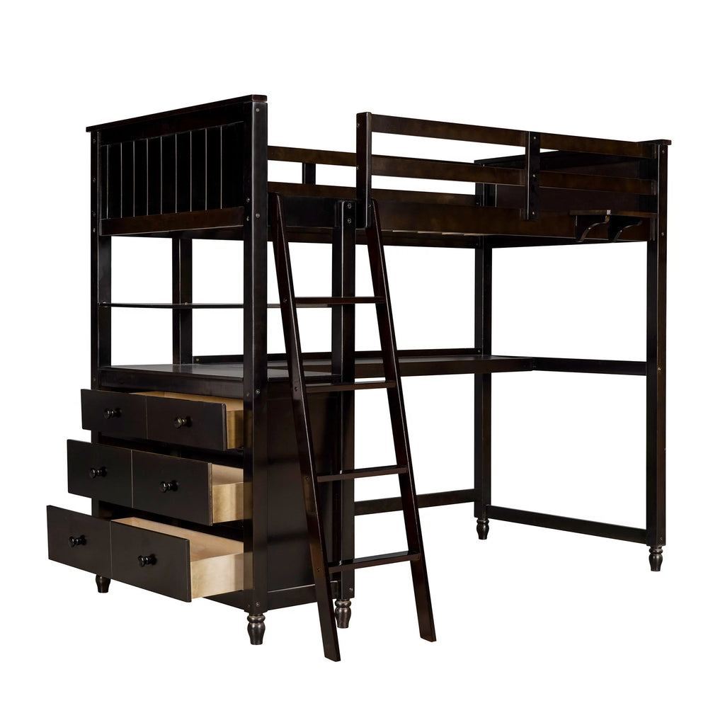 Twin Size Pine Wood Loft Bed with Desk and Shelves D726