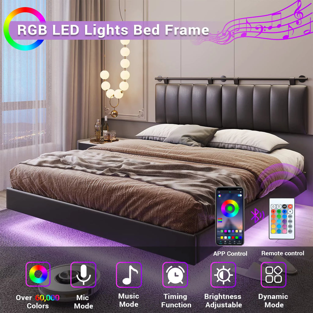 Queen Floating Bed Frame with LED Lights and Wall Mounted Headboard E52252