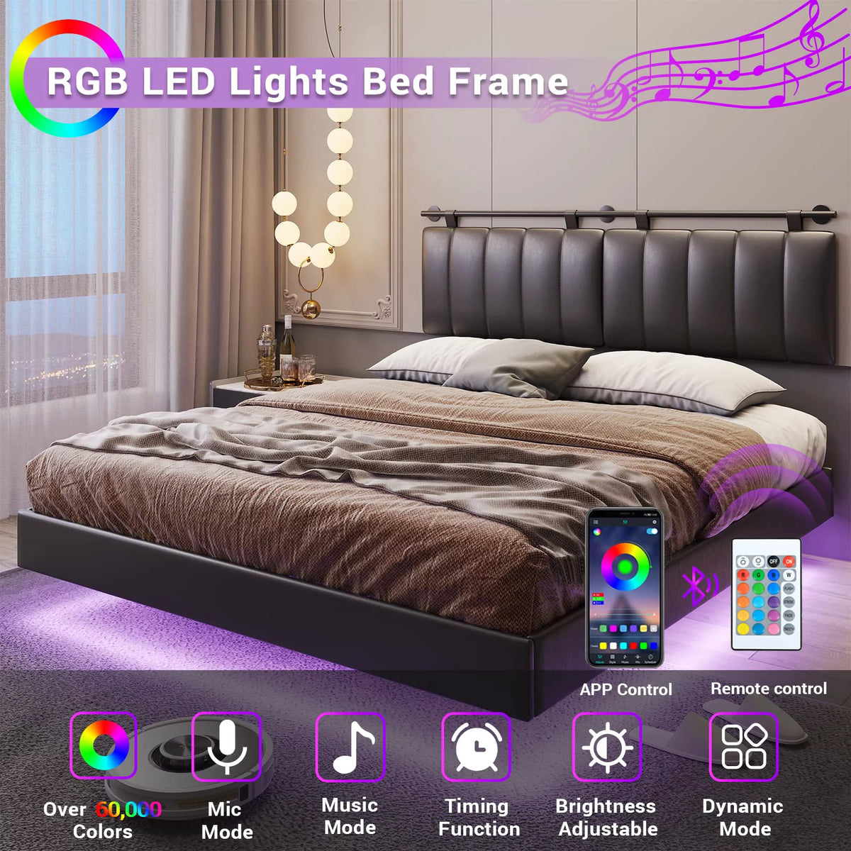 Queen Floating Bed Frame with LED Lights and Wall Mounted Headboard E52252