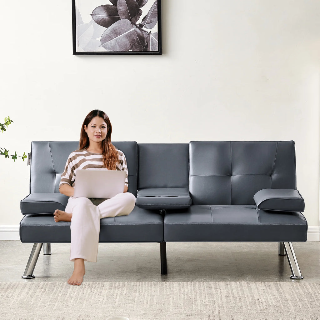Gray Faux Leather Convertible Sofa Bed R4355