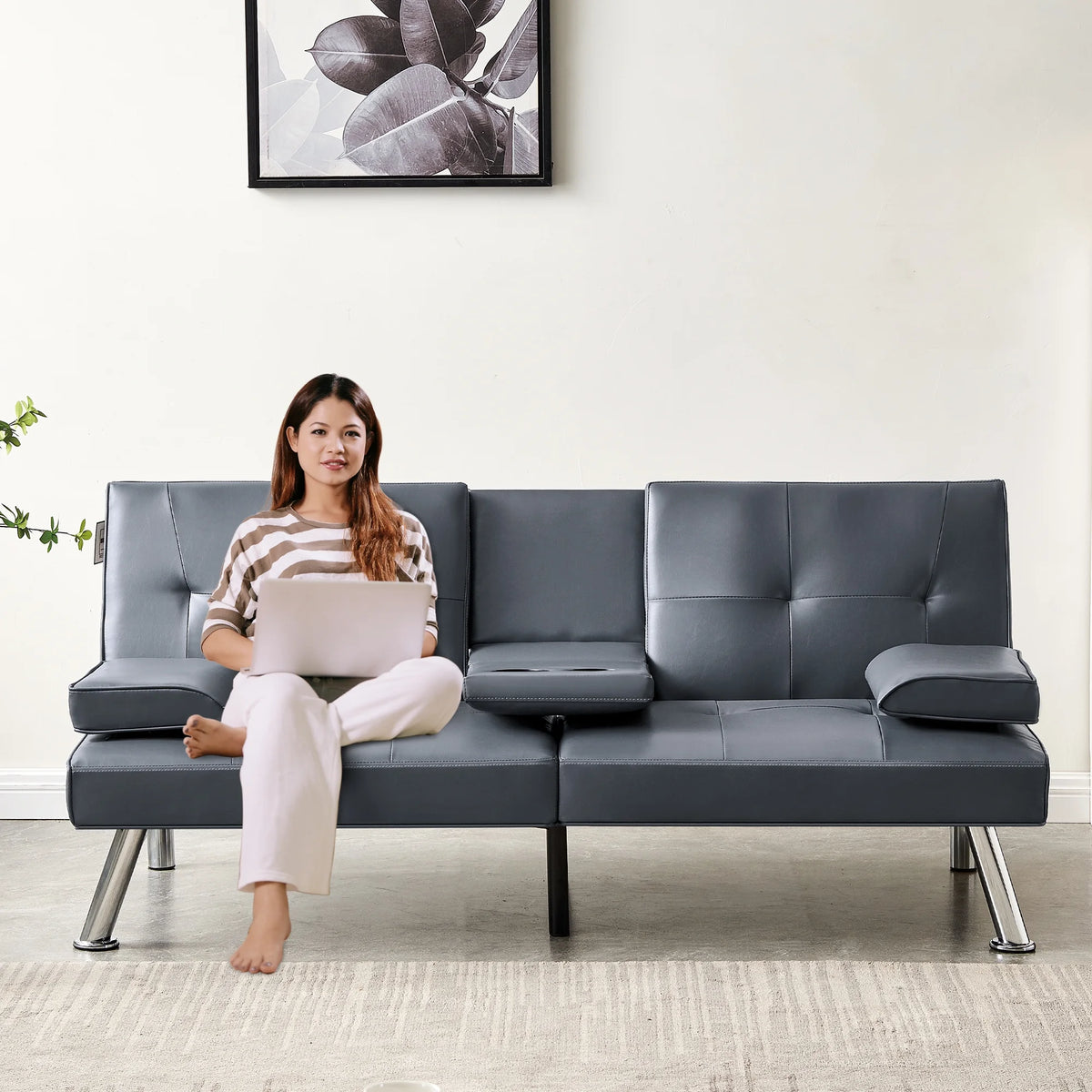 Gray Faux Leather Convertible Sofa Bed R4355