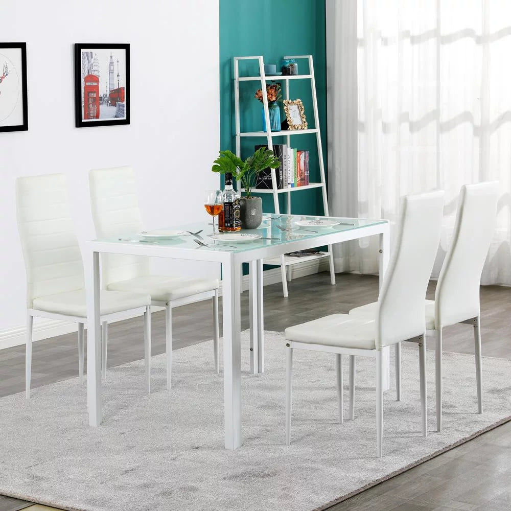 5 Pieces Dining Set Glass Table PU Leather Chair White P446632