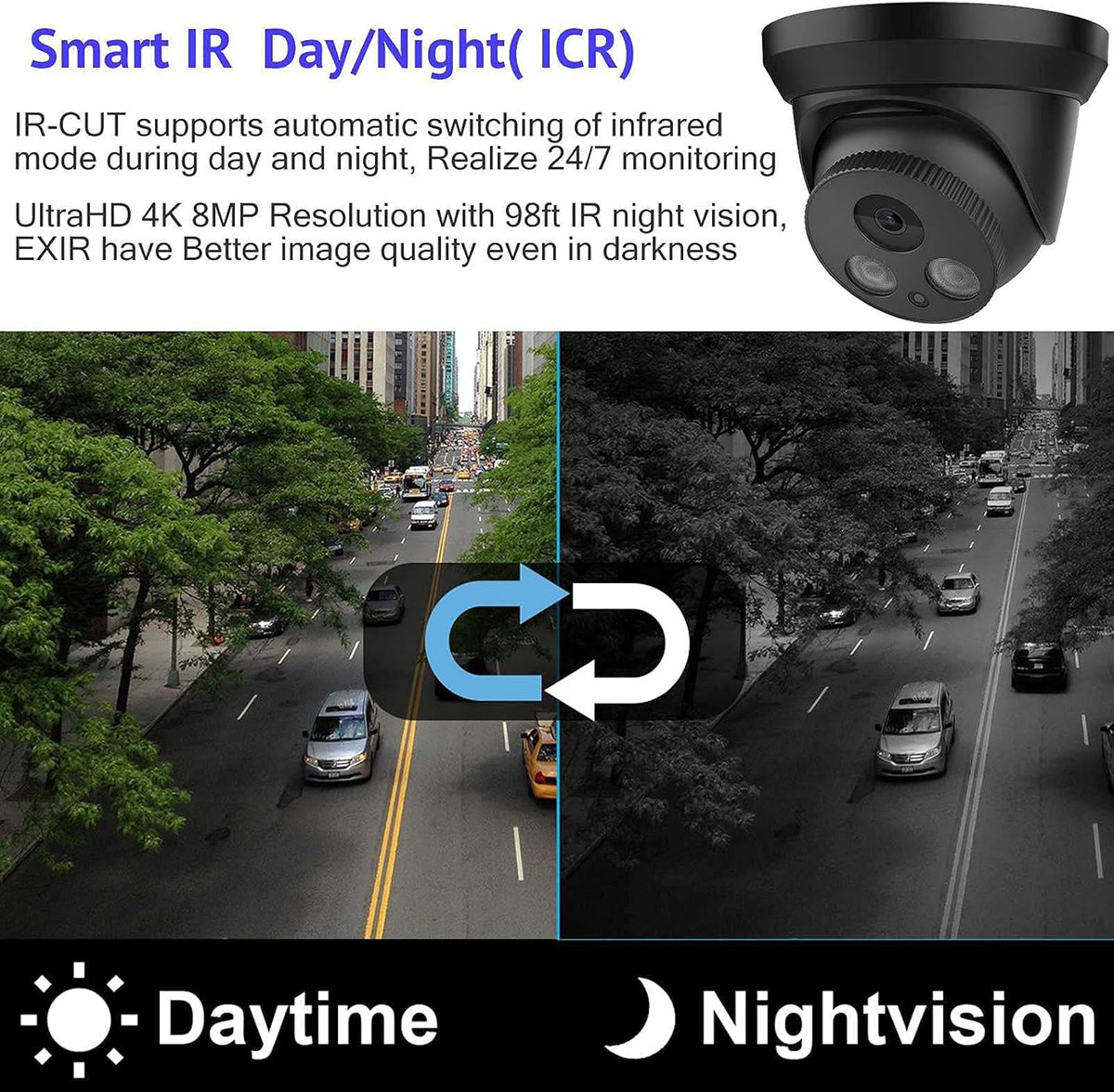 4K 8MP Outdoor PoE IP Camera with Mic/Audio, 98ft Night Vision, Black M6622