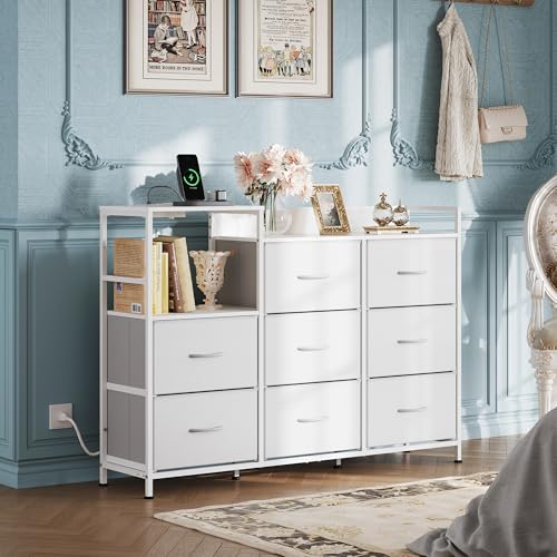 White 8 Drawer Fabric Dresser with Charging Station R526
