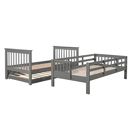 White Twin Over Twin Solid Wood Bunk Bed with Stairs and Trundle F341