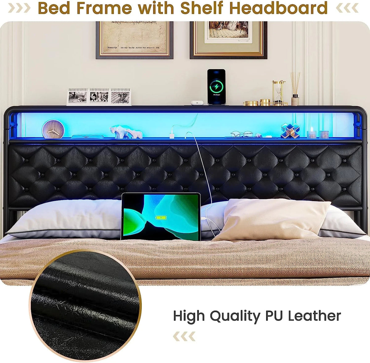 King Size Faux Leather Upholstered Platform Bed with LED Headboard T54660