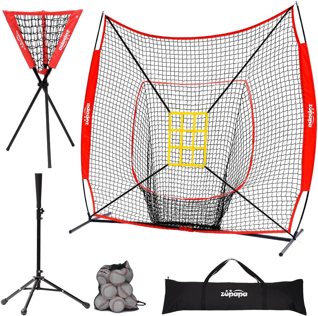 7 X 7 Feet Baseball Softball Practice Net Set with Tee Caddy 12 Pack Baseballs Q934008