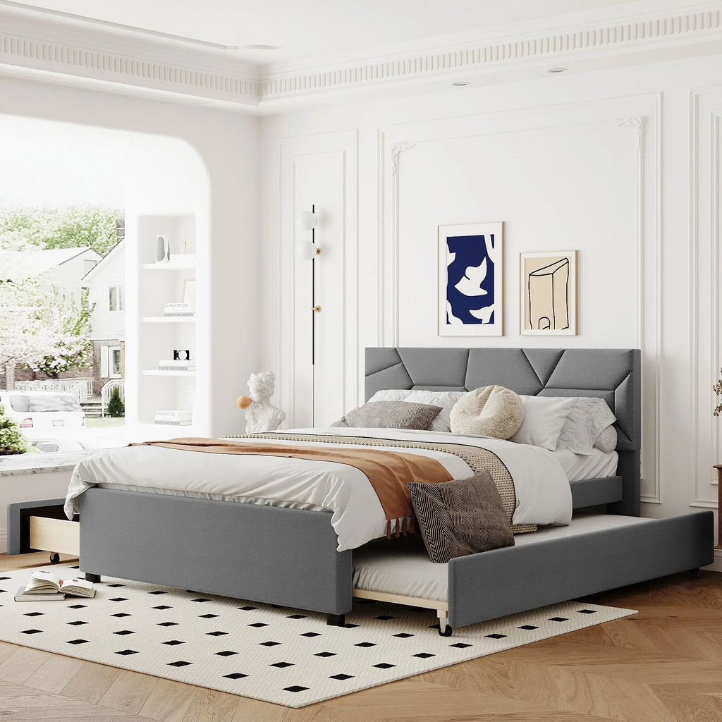 Queen Size Upholstered Platform Bed with Trundle and 2 Drawers V57493