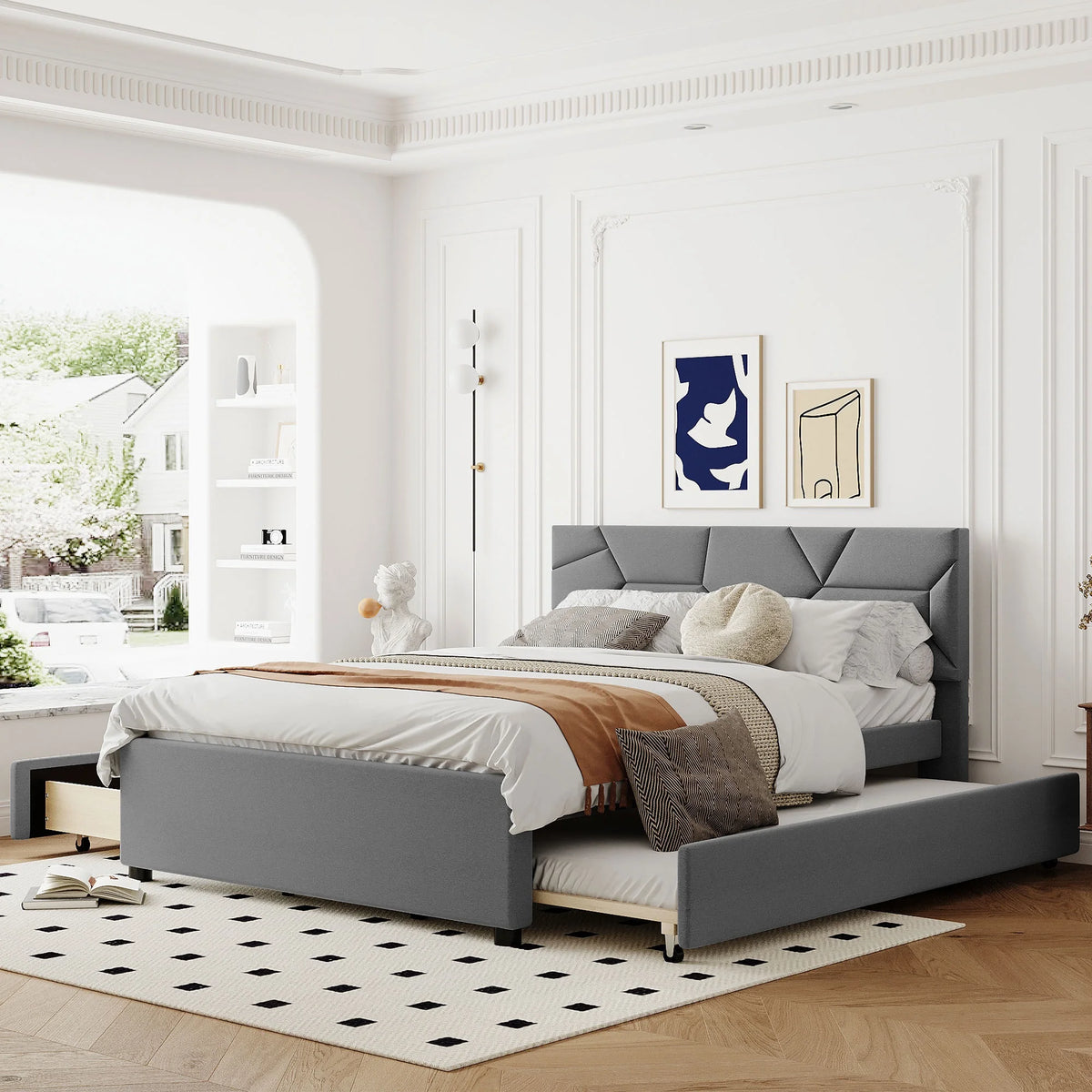 Queen Size Upholstered Platform Bed with Trundle and 2 Drawers V57493