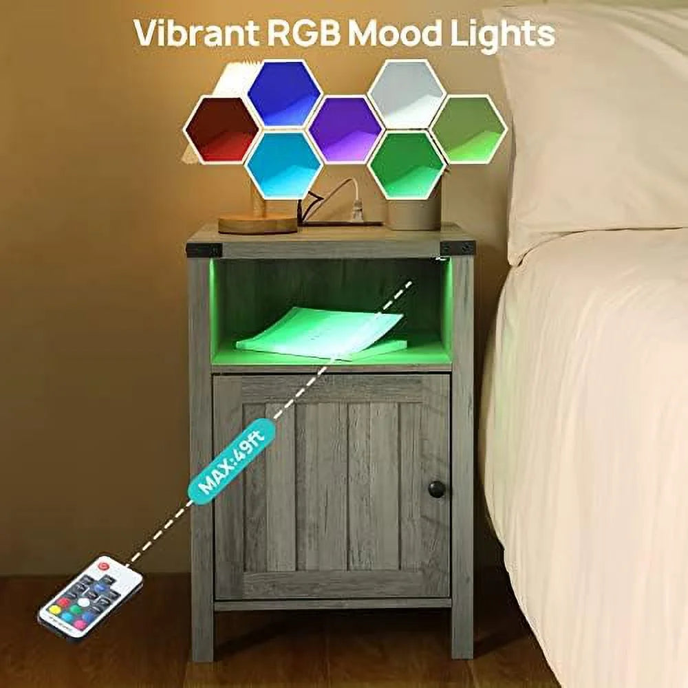 Grey Nightstand with LED Lights and Charging Station Set of 2 S8378
