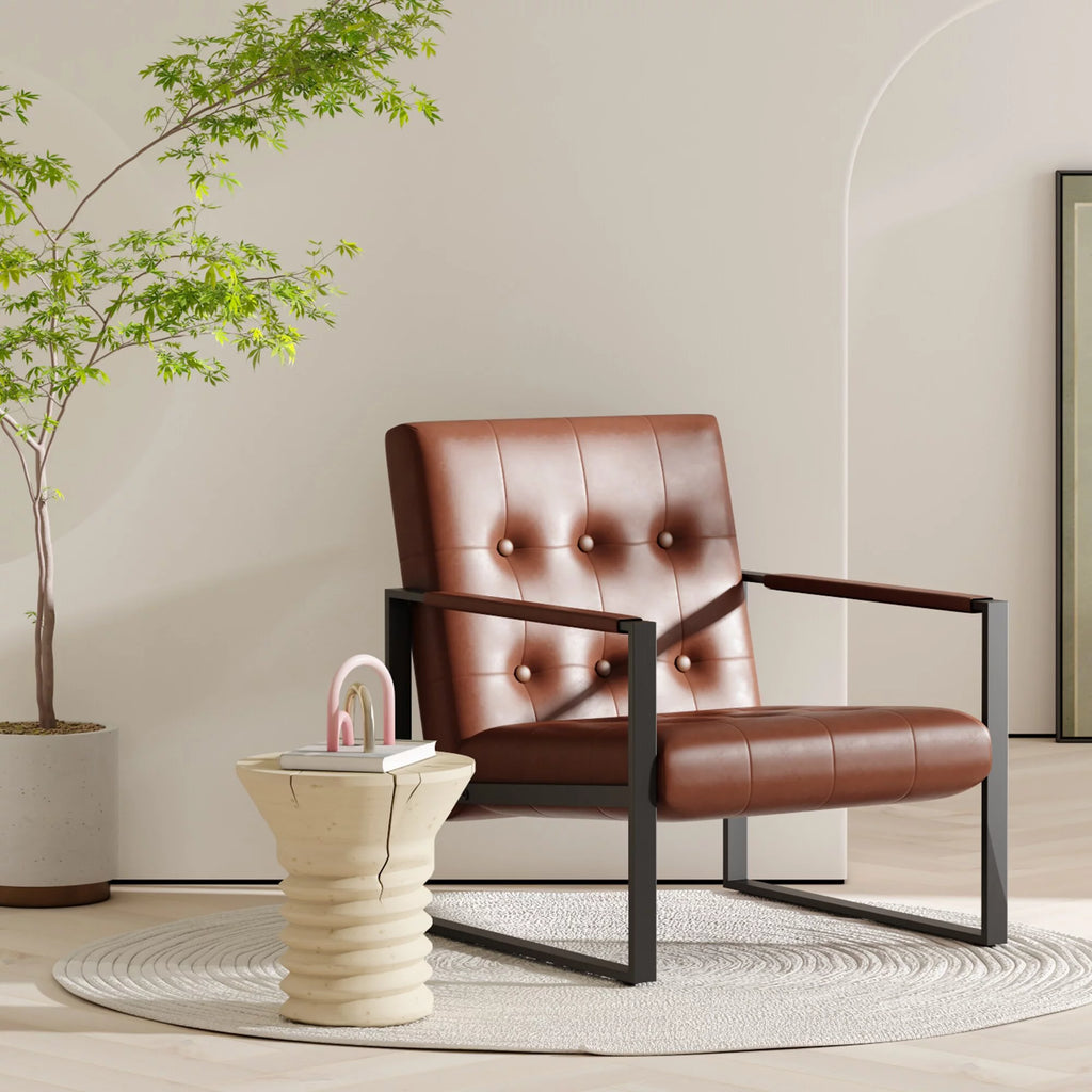 Brown Faux Leather Accent Chair with Steel Frame J9616