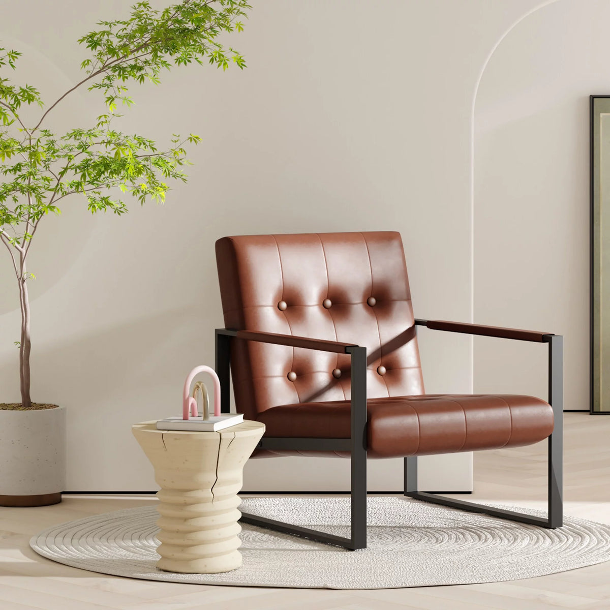 Brown Faux Leather Accent Chair with Steel Frame J9616
