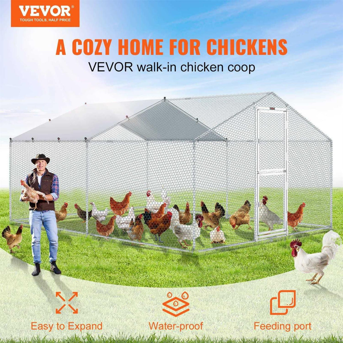 Large Metal Chicken Coop with Run and Waterproof Cover N649