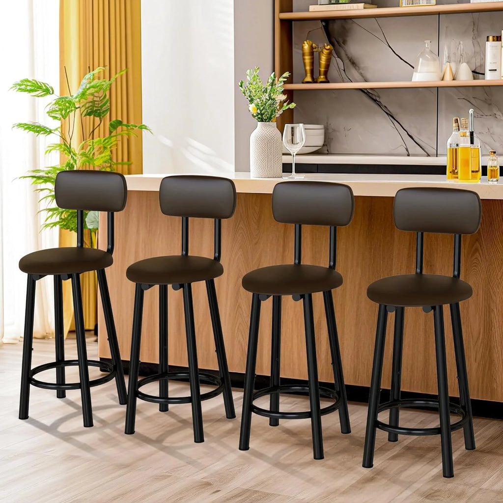 Bar Stools Set of 4, 35.4 inch PU Leather with Backrest, Rustic Brown O2654