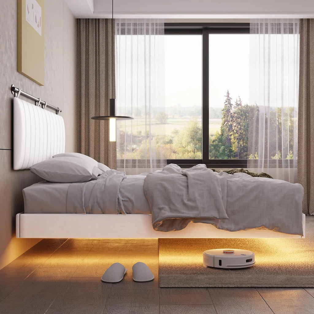 Queen Floating Bed Frame with LED Lights and Wall Mounted Headboard E52252