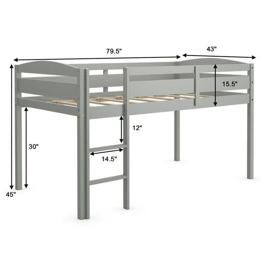 Twin Wooden Low Loft Bunk Bed with Guard Rail and Ladder G97071