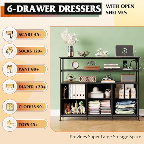 Black 6 Drawer Fabric Dresser with LED Lights and Charging Station Q3081
