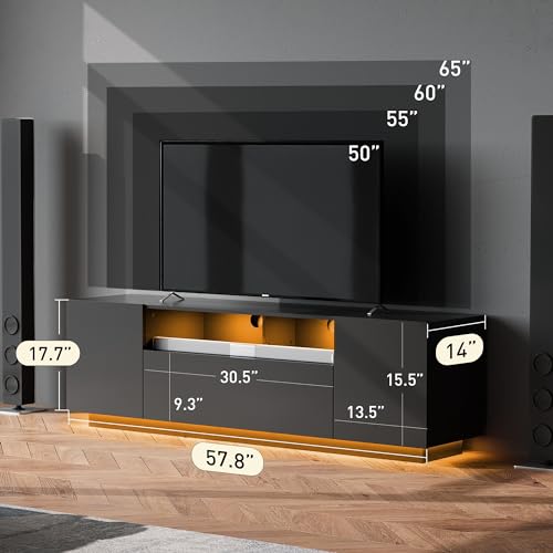 Black TV Stand with LED Lights and Storage Cabinet U855