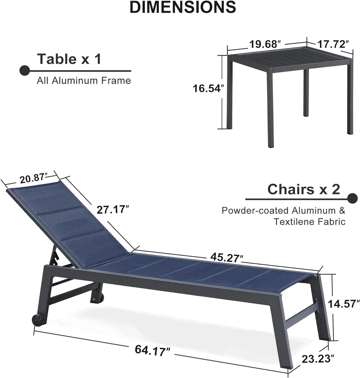 Navy Blue Aluminum 3 Piece Chaise Lounge Set with Wheels and Side Table J46140