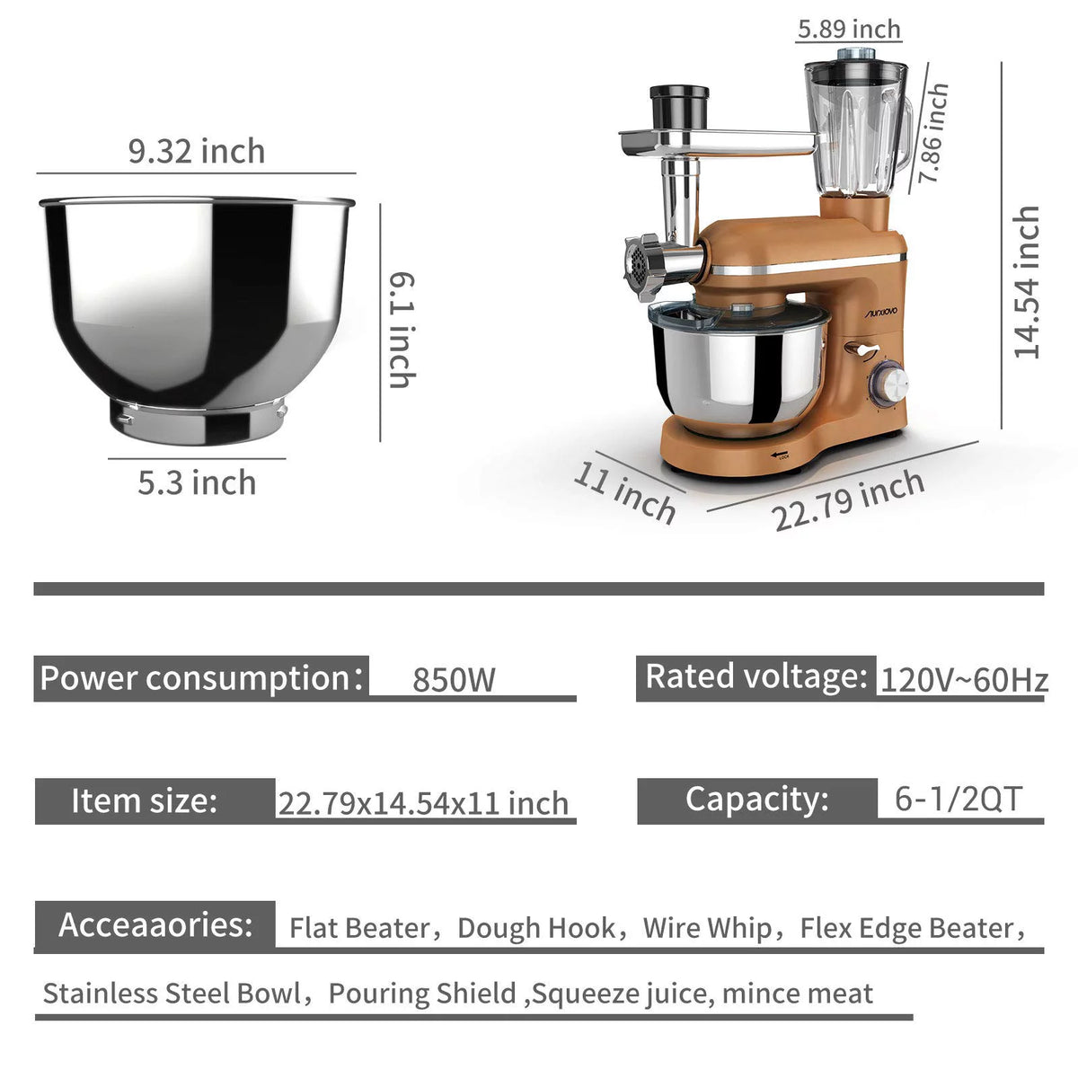 850W 6 Speed 6.5 QT Stainless Steel Stand Mixer M901
