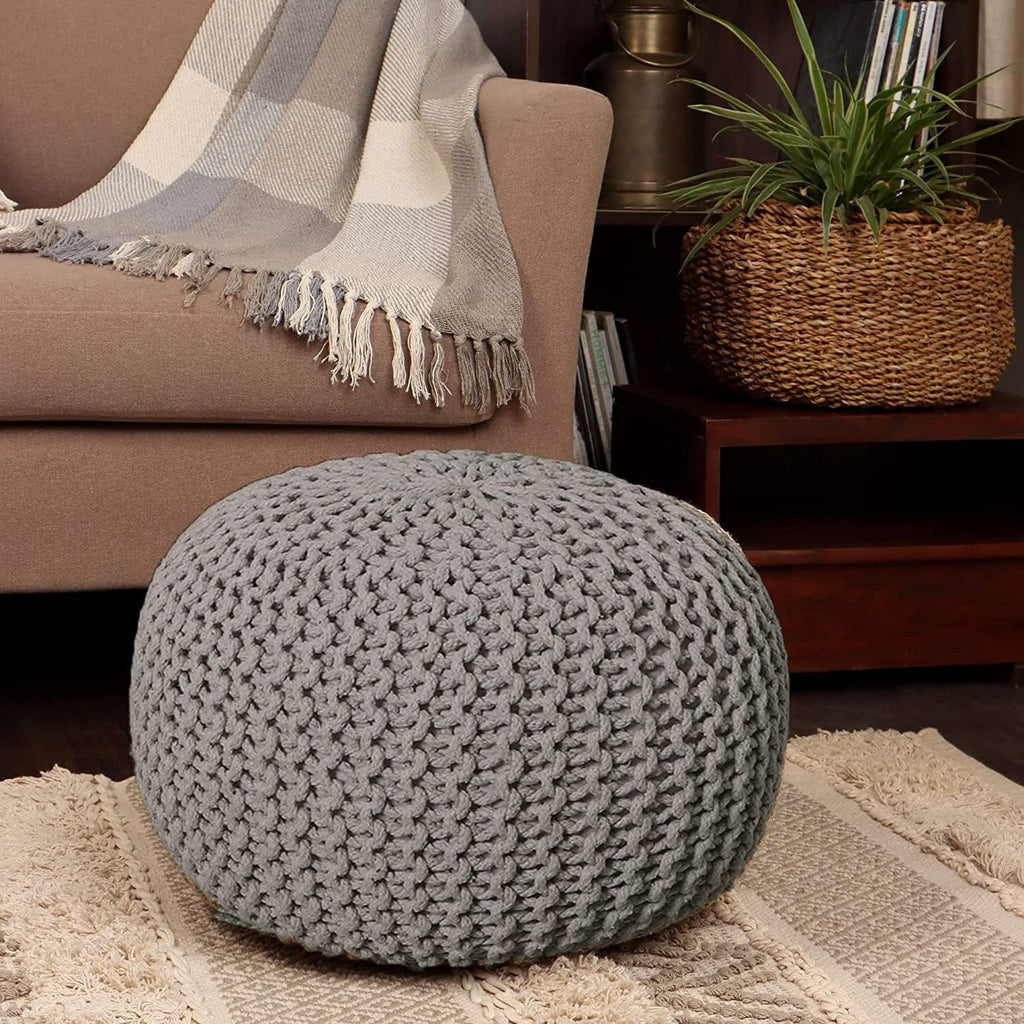 Round Cable Knitted Pouf Ottoman 18”x18”x14” Gray B986141