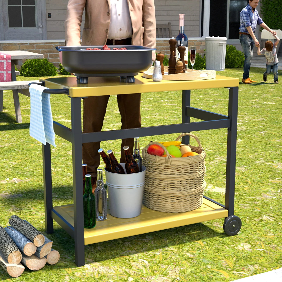 Outdoor Dining Cart Table Aluminum Grill Table with Wheels O8285