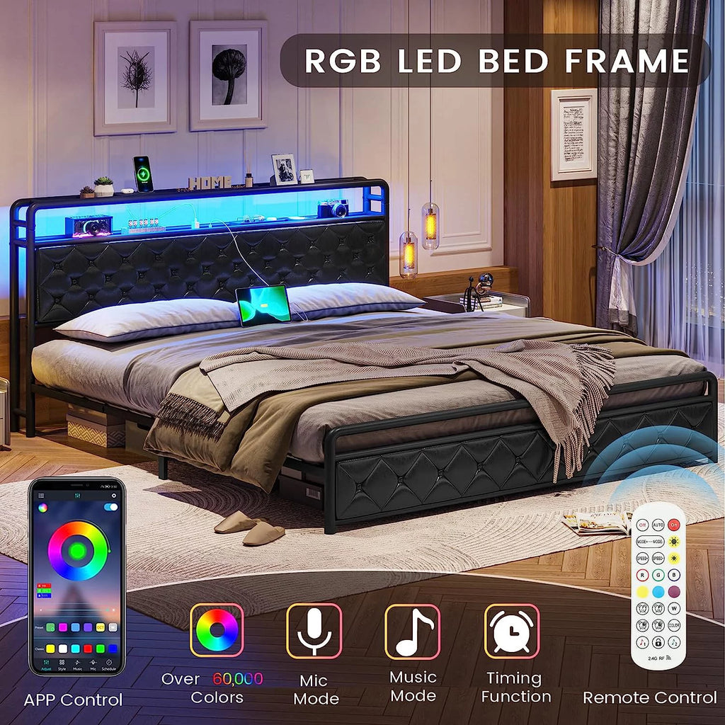 King Size Faux Leather Upholstered Platform Bed with LED Headboard T54660